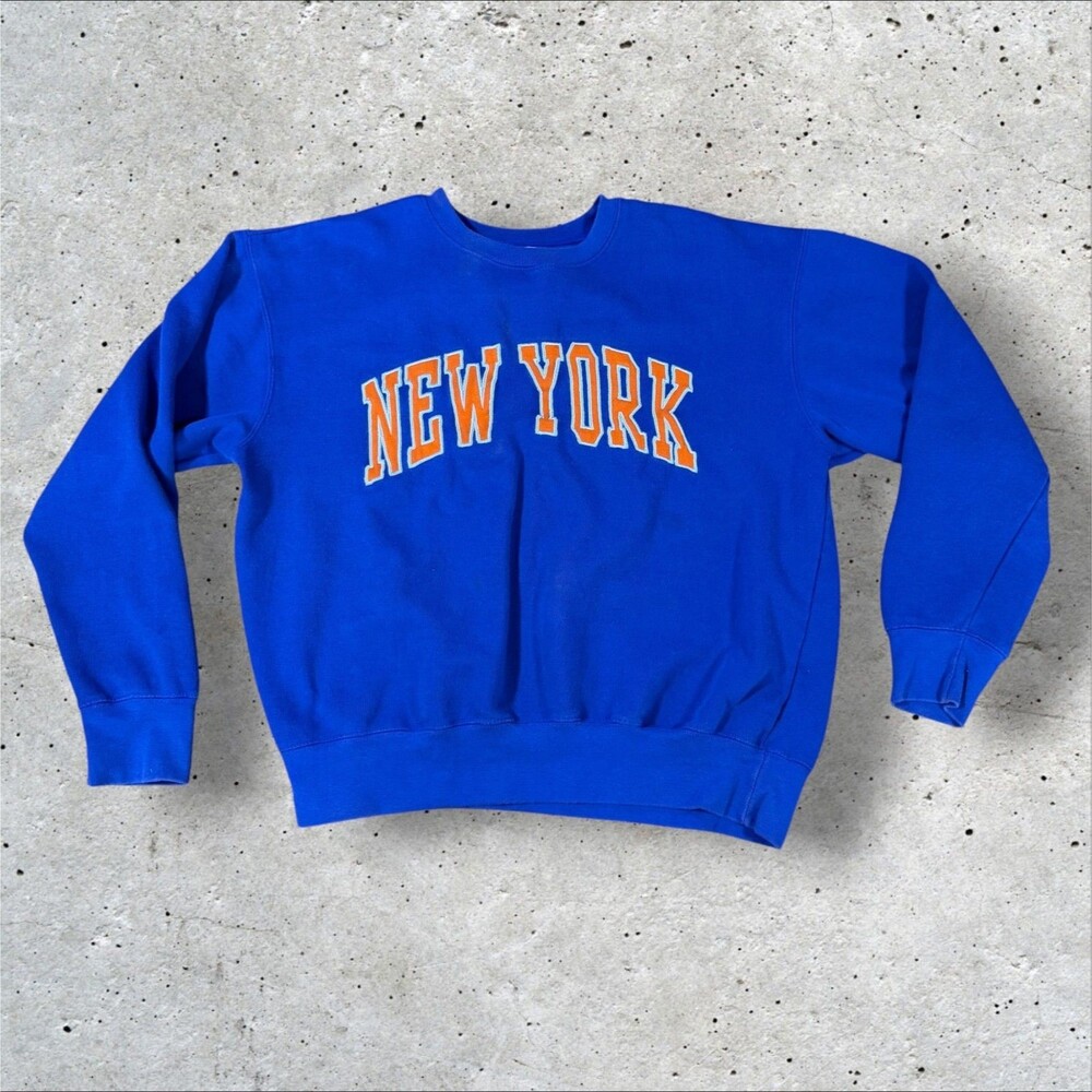 New York Popular Sweatshirt Mens XL Blue Orange Spellout Embroidered Crewneck